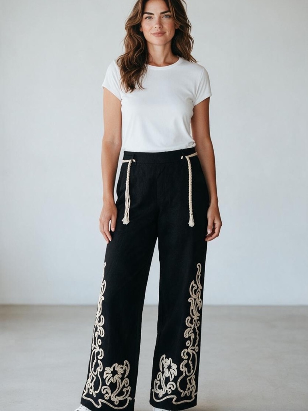 Rachel Zoe Black Wide-Leg Embroidered Pants with Rope Tie